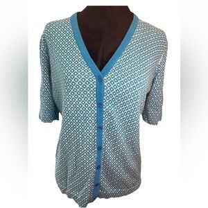 Ann Taylor blue white diamond pattern short sleeve sweater ladies size LG cotton